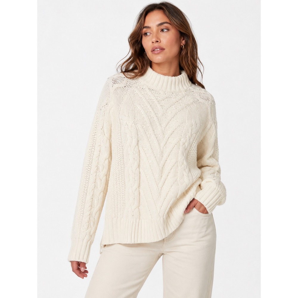LOFT Sweater Womens L Cream Cable Knit Popcorn‎ Stitch Mock Neck Pullover Cozy